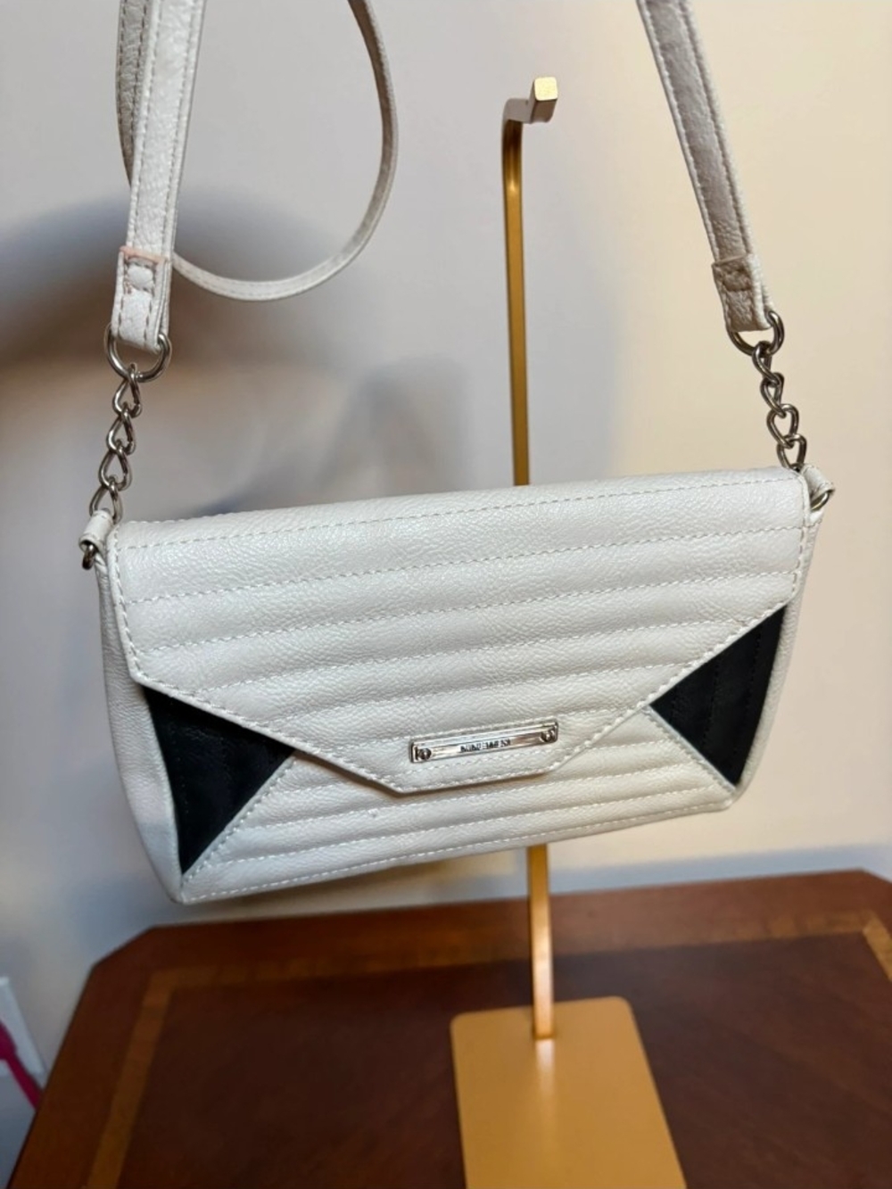 Nine West White Quilted Crossbody Bag with Black Accents